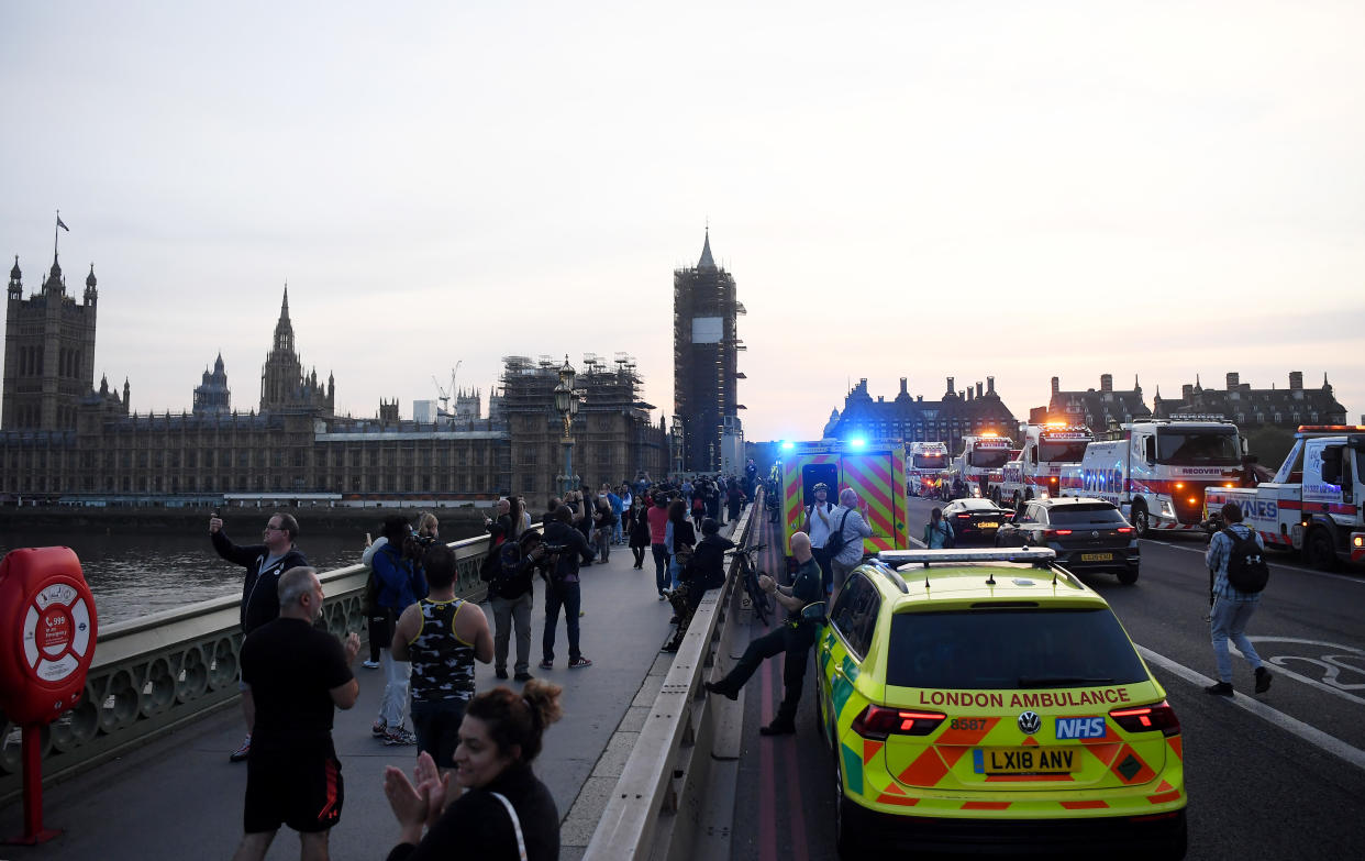 LONDON,ENGLAND  - APRIL 23: Members of the public and Emergency Services gather on Westminster Bridge on April 23, 2020 in London, United Kingdom. Following the success of  the "Clap for Our Carers" campaign, members of the public are being encouraged to applaud NHS staff and other key workers from their homes at 8pm every Thursday. The Coronavirus (COVID-19) pandemic has infected over 2.5 million people across the world, claiming at least 18,738 lives in the U.K. (Photo by Alex Davidson/Getty Images)