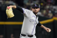 Colorado Rockies pitcher Austin Gomber throws against the Arizona Diamondbacks in the first inning during a baseball game, Saturday, March 30, 2024, in Phoenix. (AP Photo/Rick Scuteri)
