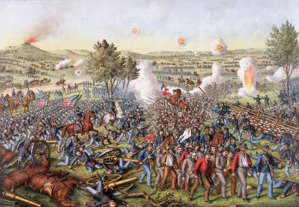 Una ilustración realizada en 1884 de la Batalla de Gettysburg de 1863, choque crucial durante la Guerra Civil estadounidense en la que ejércitos de la Unión y la Confederación combatieron, con cientos de miles de muertos como resultado de ese conflicto bélico.(Photo by Stock Montage/Stock Montage/Getty Images)