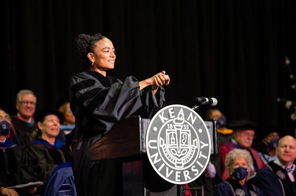 Deaf actor Lauren Ridloff delivered the Commencement address in American Sign Language with an interpreter at Kean University's Commencement, held Thursday at Prudential Center in Newark.