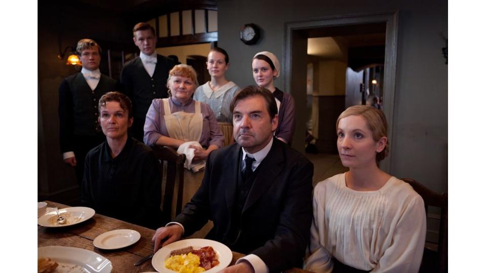 SIOBHAN FINNERAN as O'Brien, LESLEY NICOL as Mrs Patmore, BRENDAN COYLE as Bates, JOANNE FROGGATT as Anna Bates, ED SPELEERS as Jimmy Kent, MATT MILNE as Alfred Nugent, CARA THEOBOLD as Ivy Stuart, SOPHIE MCSHERA as Daisy Mason