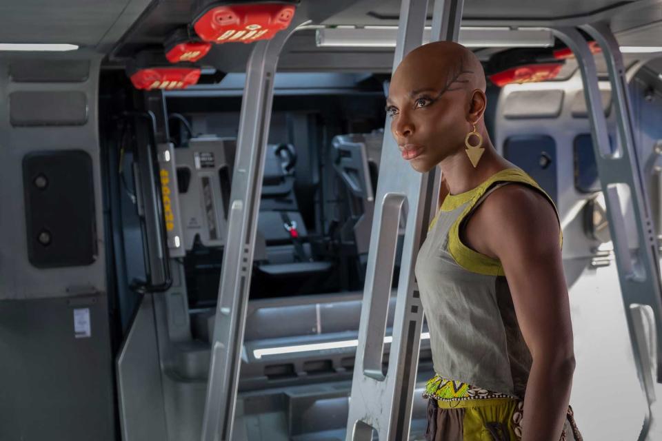 Michaela Coel as Aneka in Marvel Studios' BLACK PANTHER: WAKANDA FOREVER. Photo by Annette Brown. © 2022 MARVEL.