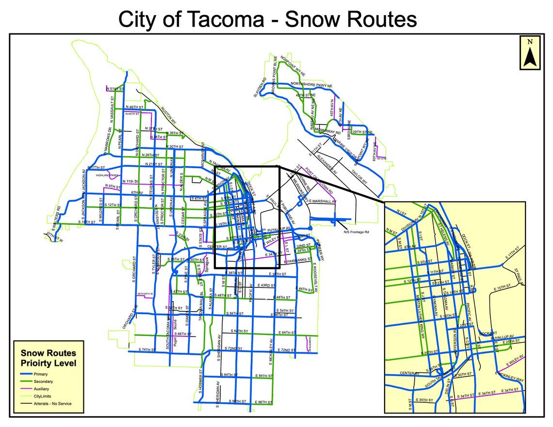 The city of Tacoma’s snow route map shows priority areas where the city crews plow and de-ice first.
