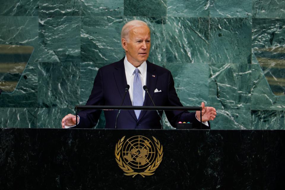 President Joe Biden gestures as he speaks during the 77th session of the United Nations General Assembly (UNGA) at U.N. headquarters on September 21, 2022 in New York City.