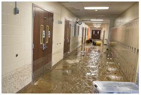A hallway in the Jasper-Troupsburg Junior/Senior High School is flooded after remnants of Tropical Storm Fred soaked the Southern Tier Region Aug. 18-19, 2021.