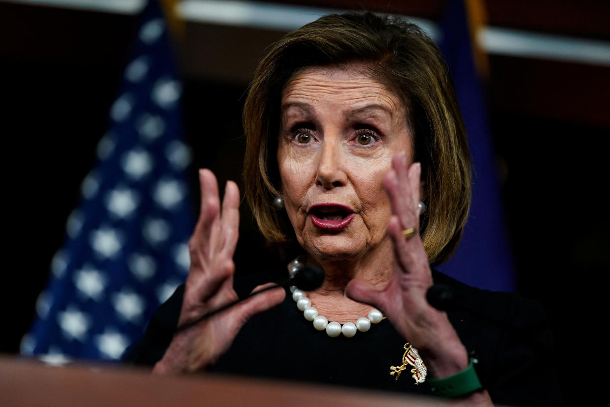 House Speaker Nancy Pelosi speaks to reporters at her weekly news conference on Capitol Hill Thursday. (Elizabeth Frantz/Reuters)