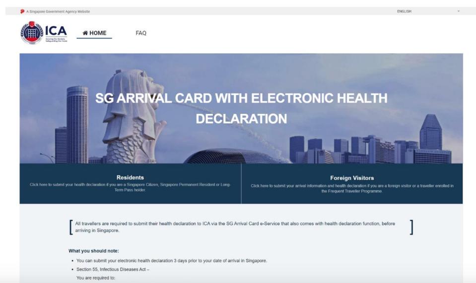 The landing page of the SG Arrival Card e-service, with electronic health declaration. (PHOTO: Immigration and Checkpoints Authority)