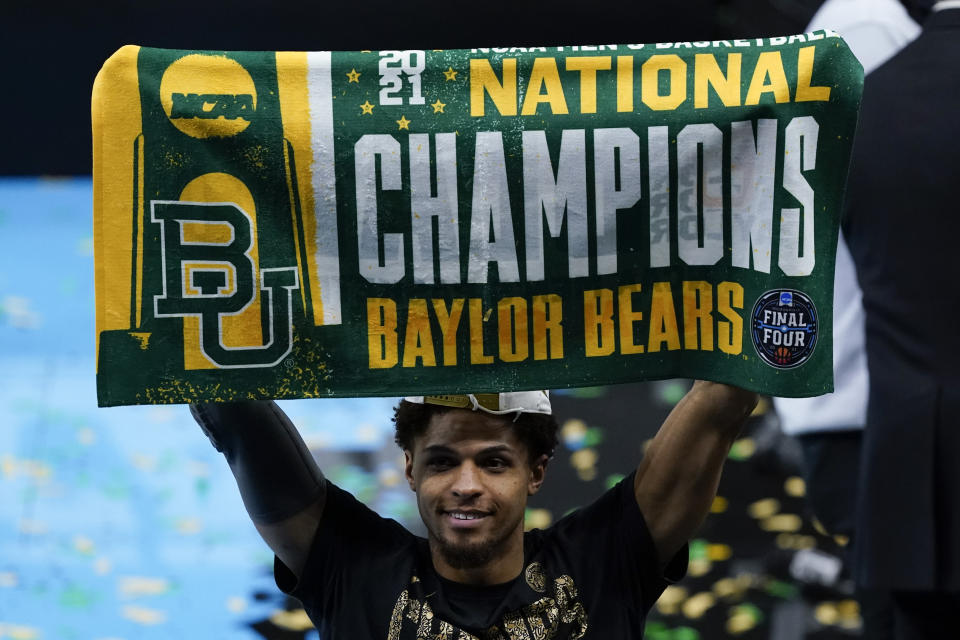 Baylor guard MaCio Teague celebrates after the championship game against Gonzaga in the men's Final Four NCAA college basketball tournament, Monday, April 5, 2021, at Lucas Oil Stadium in Indianapolis. Baylor won 86-70. (AP Photo/Darron Cummings)