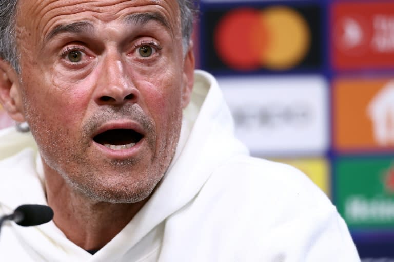 El entrenador del París Saint-Germain Luis Enrique durante la rueda de prensa previa a la ida de semifinales de la Champions contra el Borussia Dortmund, el 30 de abril de 2024 en Dortmund. (FRANCK FIFE)