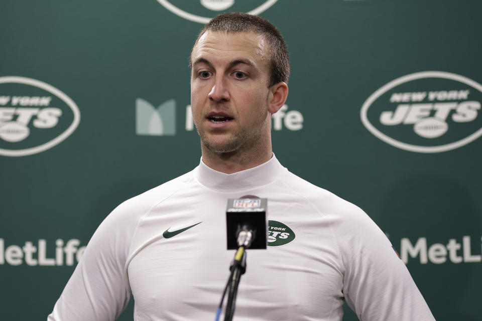 New York Jets quarterback Trevor Siemian answers questions during a news conference after playing against the Washington Commanders in an NFL football game, Sunday, Dec. 24, 2023, in East Rutherford, N.J. (AP Photo/Adam Hunger)