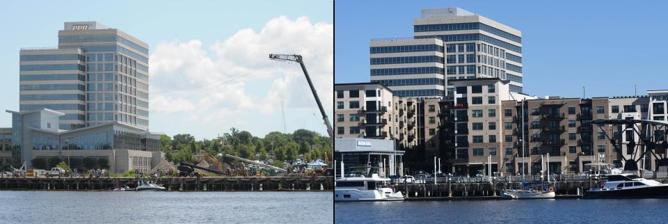 The PPD building in 2012, left, and in 2022, after the mixed-use Pier 33 development had been completed.     [MATT BORN/STARNEWS]