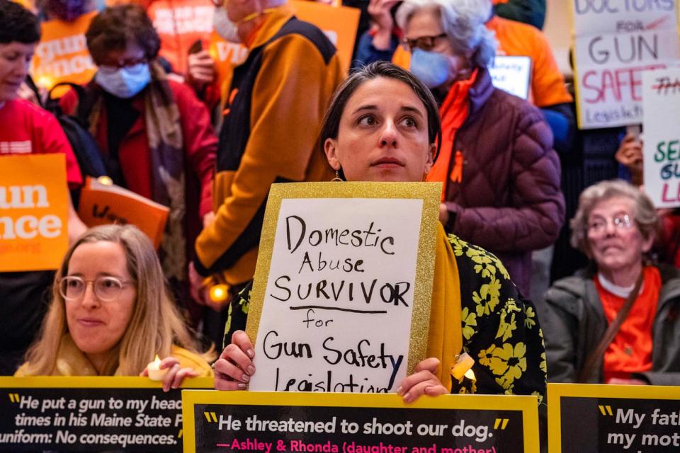 PHOTO: In this Oct. 25, 2023, file photo, gun safety supporters attend a gun safety rally at the State House in Augusta, Maine. (Joseph Prezioso/AFP via Getty Images, FILE)