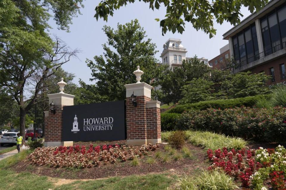 In this July 6, 2021, file photo, an electronic signboard welcomes people to the Howard University campus in Washington. (AP Photo/Jacquelyn Martin, File)