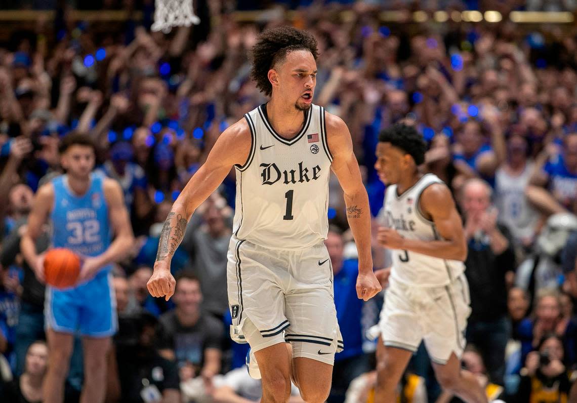 Duke’s Dereck Lively II (1) reacts after a dunk to give the Blue Devils a 59-57 lead with 1:32 to play, helping to secure their 63-57 win over North Carolina on Saturday, February 4, 2023 at Cameron Indoor Stadium in Durham, N.C.