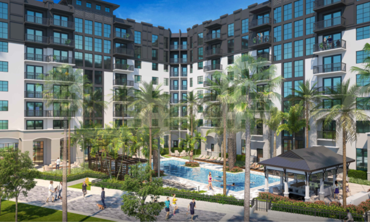 Rendering of an eight-story apartment building called Bellamy that could rise at Mira Flores on Gardens Parkway and Valencia Gardens Avenue in Palm Beach Gardens, Fla.