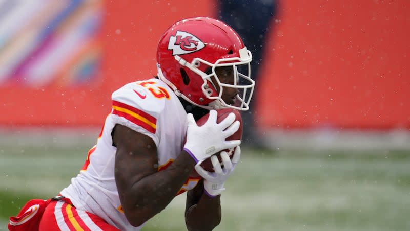 Kansas City Chiefs kick returner Byron Pringle catches a kickoff before running it back for a touchdown during a game against the Denver Broncos, Sunday, Oct. 25, 2020, in Denver.