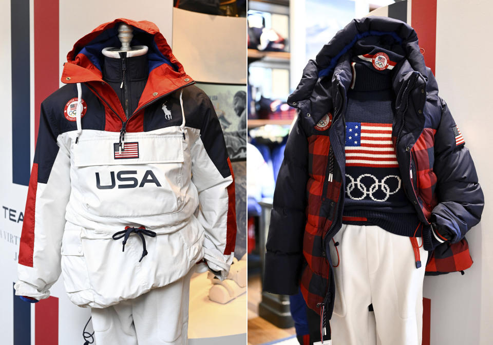 This combination of photos shows uniforms for the Team USA Beijing winter Olympics opening ceremony, left, and closing ceremony, designed by Ralph Lauren, on display Wednesday, Jan. 19, 2022, in New York. (Photos by Evan Agostini/Invision/AP)