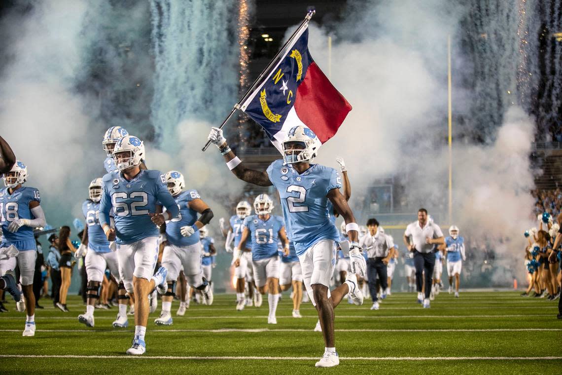 North Carolinas Don Chapman (2) leads his teammate into Kenan Stadium for their game against Florida A&M on Saturday, August 27, 2022 at Kenan Stadium in Chapel Hill, N.C.