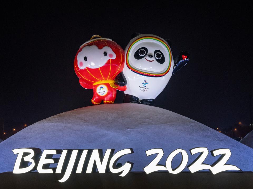 A display with Beijing 2022 Winter Olympics and Paralympics official mascots Bing Dwen Dwen and Xue Rong Rong is seen in Beijing on January 30.