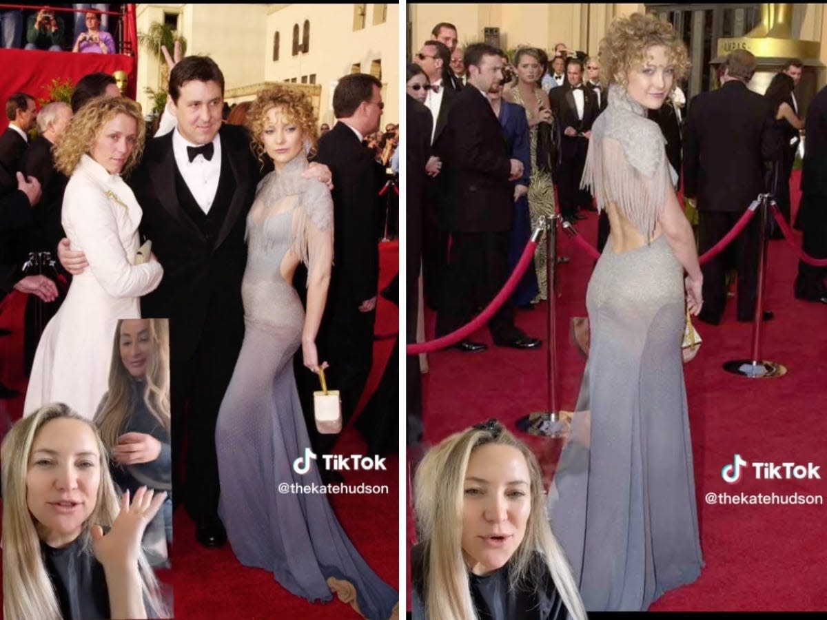 composite image of side-by-side screenshots from Hudson's tiktok. On the left, an image from 2001 showing Hudson in the gown, seen from the side, with two other people. On the right, a view of the back of the dress which shows the fringe cape.