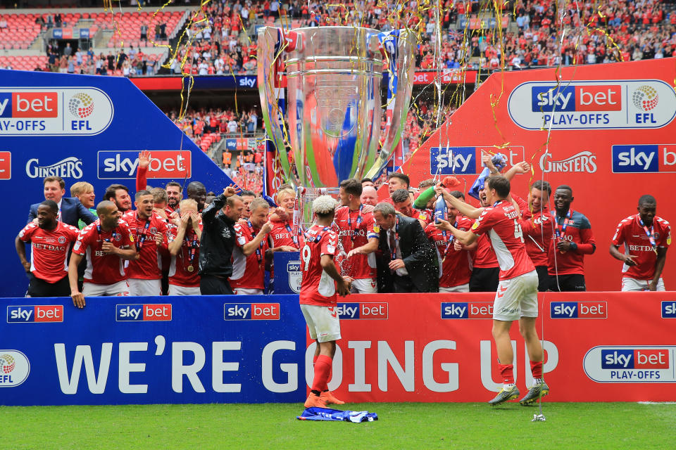 May  Charlton Athletic lift the trophy       during the Sky Bet League 1 Play off Final between Charlton Athletic and Sunderland at Wembley Stadium, London on Sunday 26th May 2019. (Photo by Leila Coker/MI News/NurPhoto via Getty Images)