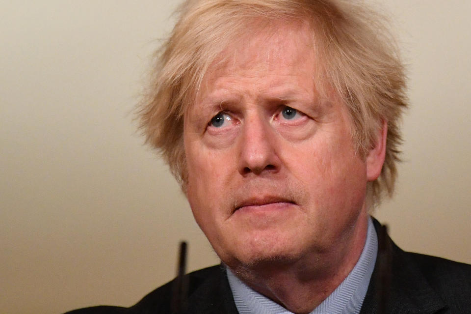 LONDON, ENGLAND - JANUARY 26: Prime Minister Boris Johnson speaks during a virtual press conference on the Covid-19 pandemic, at Downing Street on January 26, 2021 in London, England. More than 100,000 people who tested positive for coronavirus have died in Britian since the pandemic took hold last year, official data showed on January 26. (Photo by Justin Tallis - WPA Pool/Getty Images)