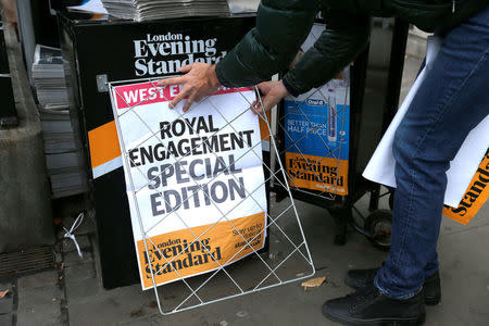 One of Britain's newspapers the London Evening Standard is seen on display with the news that Prince Harry has engaged to Meghan Markle, London, Britain, November 27, 2017. REUTERS/Darrin Zammit Lupi