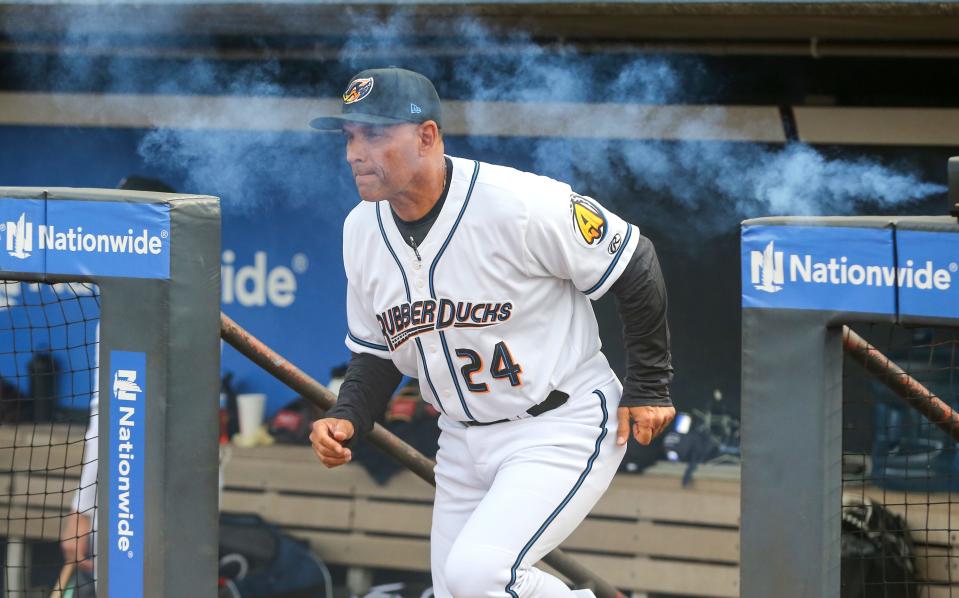 Akron RubberDucks manager Rouglas Odor is introduced before the game against Erie, Thursday, April 6, 2023.