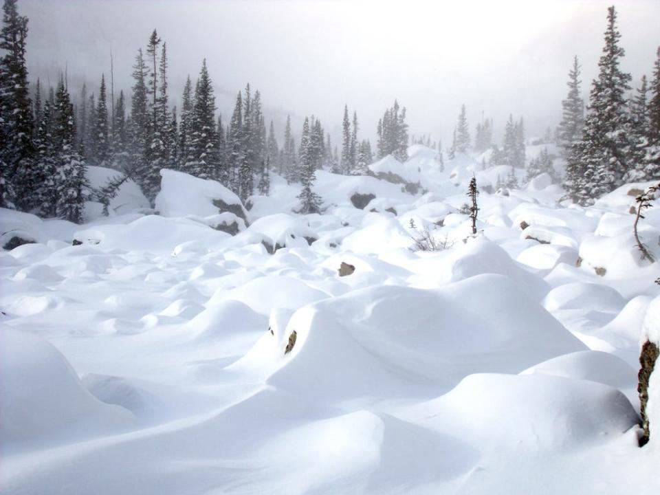 Snow blankets the Glacier Gorge area of Rocky Mountain National Park.