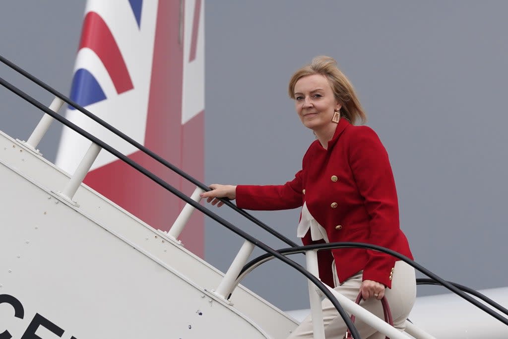 Foreign Secretary Liz Truss boards RAF Voyager at Stansted Airport ahead of a four-day visit to New York and Washington. (Stefan Rousseau/PA) (PA Wire)