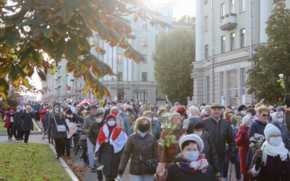 Opposition protests in Belarus have become a way of life, with women marching every Saturday, old age pensioners rallying on Mondays and tens of thousands gathering in cities across the country on Sundays - Maxim Sarychau/The Telegraph