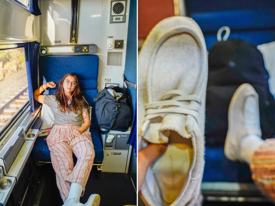 The author wears comfy clothes on the train (L) a close-up of the author's comfy shoes (R)