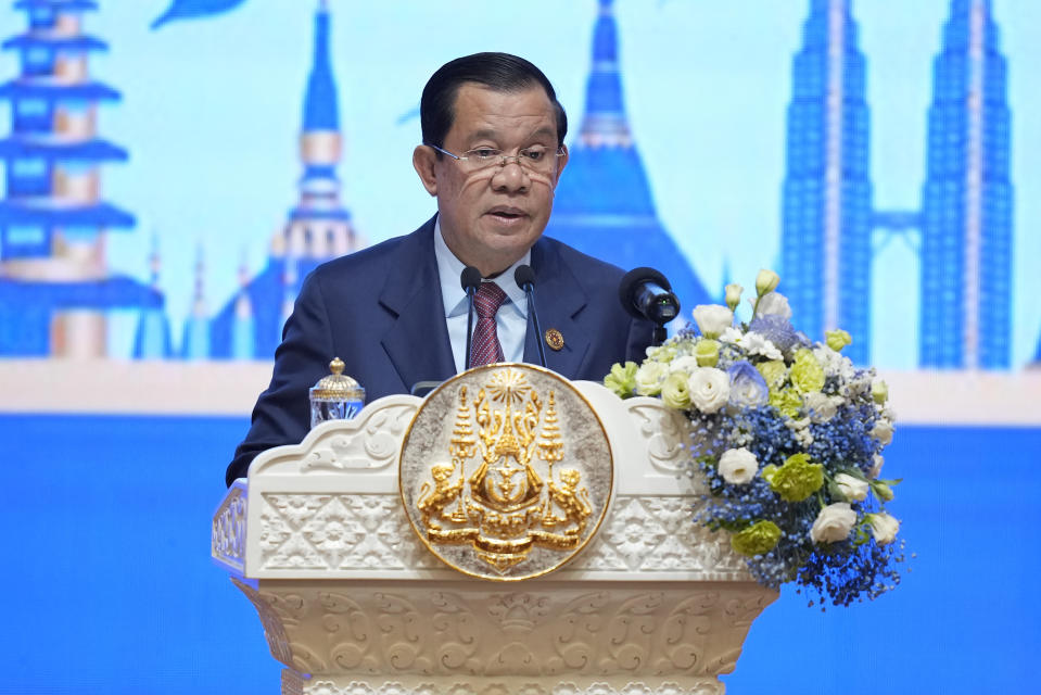 FILE - Cambodia Prime Minister Hun Sen speaks during the opening ceremony of the 40th and 41st ASEAN Summits (Association of Southeast Asian Nations) in Phnom Penh, Cambodia, Friday, Nov. 11, 2022. Hun Sen said Tuesday, Nov. 15, 2022, he has tested positive for COVID-19 at the Group of 20 meetings in Bali, just days after hosting many world leaders, including President Joe Biden, for a summit in Phnom Penh. (AP Photo/Vincent Thian, File)
