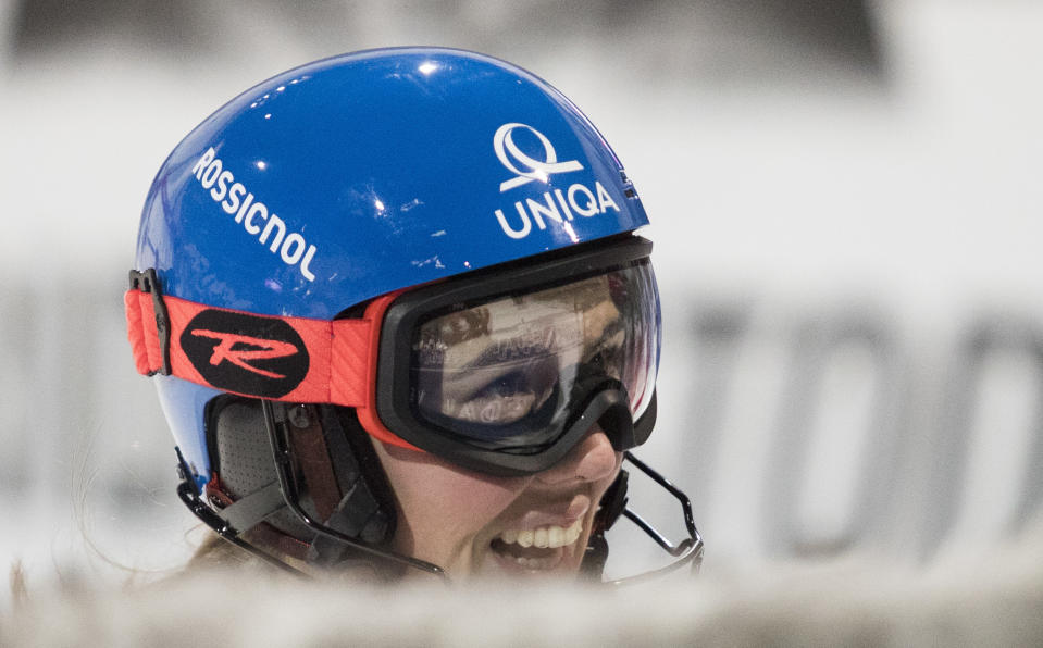 Slovakia's Petra Vlahova reacts after winning an alpine ski, women's World Cup parallel slalom, at Holmenkollen in Oslo, Norway, Tuesday, Jan. 1, 2019. (Terje Bendiksby/NTB scanpix via AP)