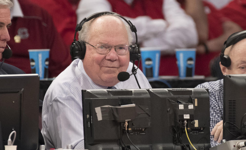 NEW YORK, NY - MARCH 24: Verne Lundquist of CBS Sports during the 2017 NCAA Photos via Getty Images Men's Basketball Tournament held at Madison Square Garden on March 24, 2017 in New York City. (Photo by Ben Solomon/NCAA Photos via Getty Images)