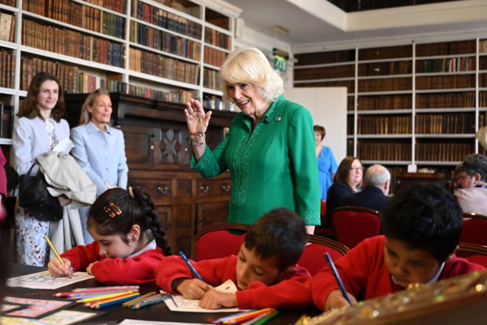 Queen Camilla visits Robinson Library, Armagh, Northern Ireland, as part of a two day visit to Northern Ireland with King Charles III, Thursday May 25, 2023 (AP)