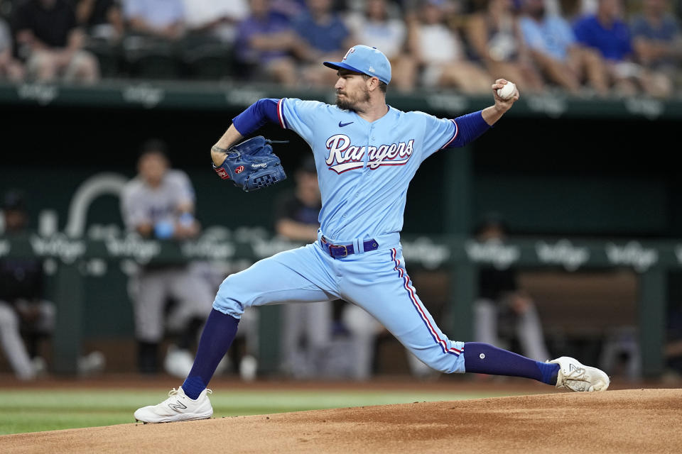 Texas Rangers starting pitcher Andrew Heaney throws to the Miami Marlins in the first inning of a baseball game, Sunday, Aug. 6, 2023, in Arlington, Texas. (AP Photo/Tony Gutierrez)