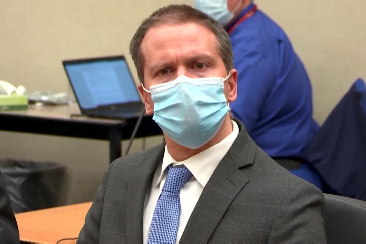 Former Minneapolis police officer Derek Chauvin listens as a jury finds him guilty of all charges in his trial for second-degree murder, third-degree murder and second-degree manslaughter in the death of George Floyd in Minneapolis, Minnesota, U.S. April 20, 2021 in a still image from video.  Pool via REUTERS