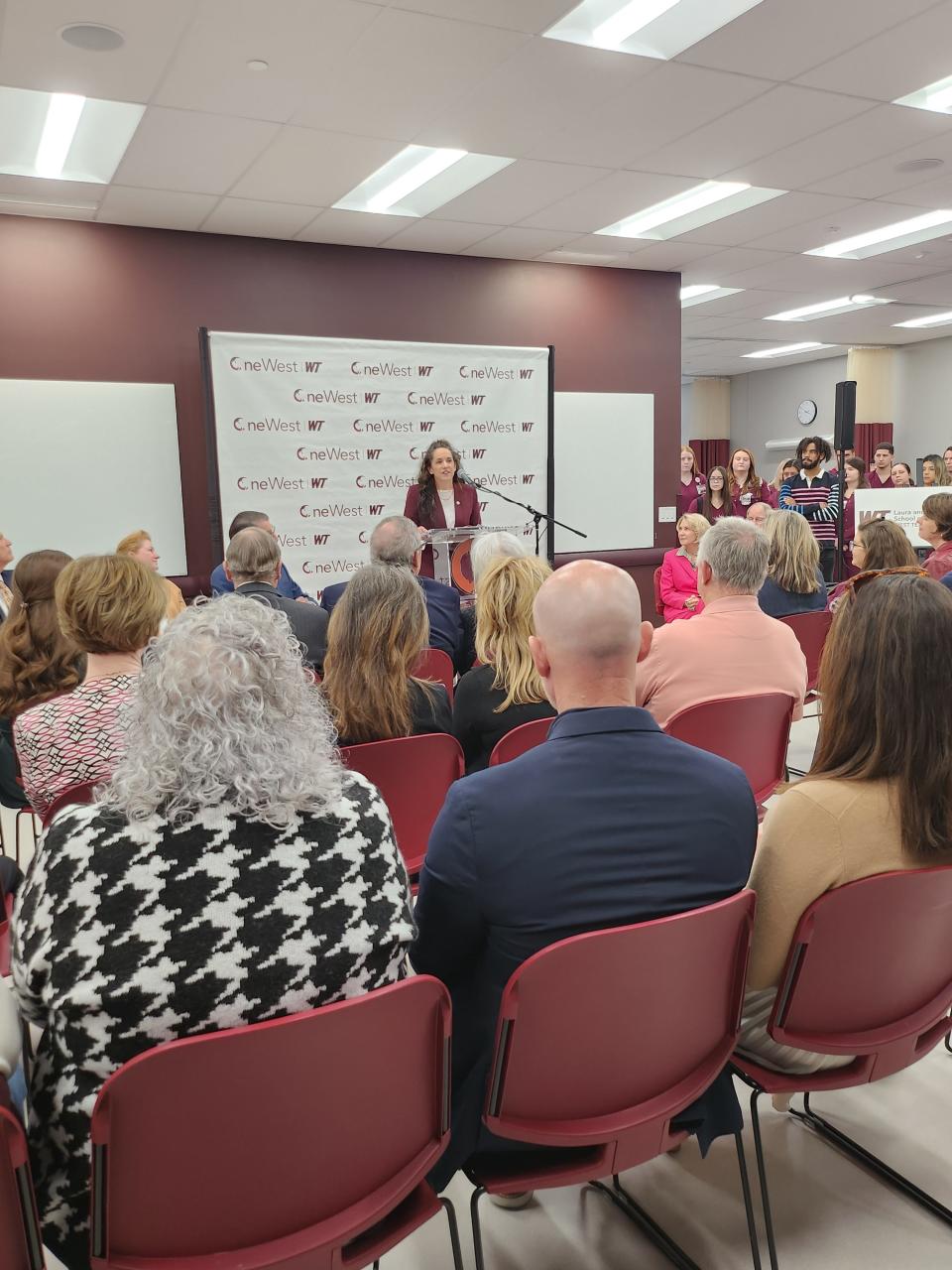 Dr. Holly Jeffreys, dean of West Texas A&M University's College of Nursing and Health Sciences, speaks about the impact of the establishment of the Laura and Joe Street School of Nursing for the community, following a $2.5 million donation from the couple announced Thursday morning.