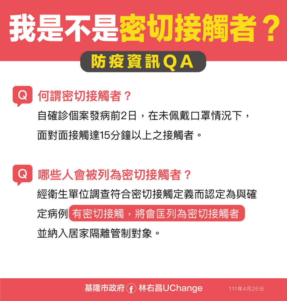 市府說明何謂密切接觸者。   圖：基隆市政府提供