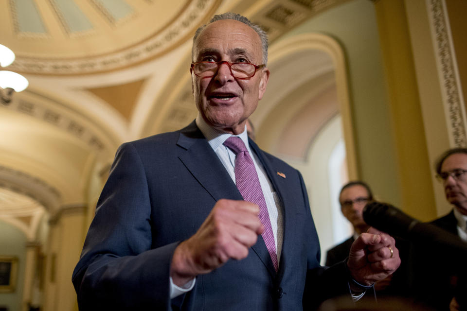 Senate Minority Leader Sen. Chuck Schumer of N.Y., speaks at a news conference following a Senate policy luncheon on Capitol Hill, Tuesday, Sept. 10, 2019, in Washington. (AP Photo/Andrew Harnik)