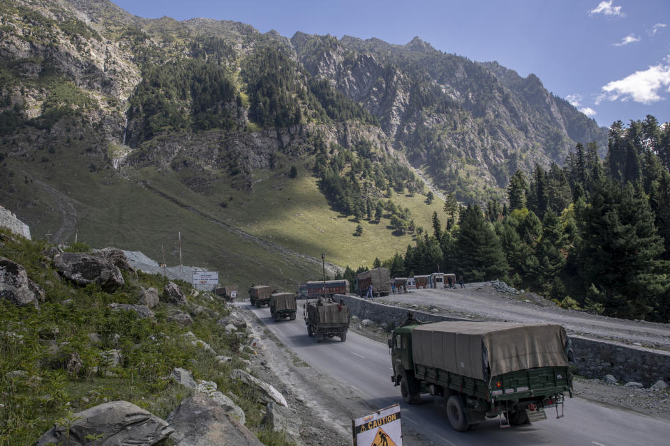 An Indian army convoy moves on the Srinagar- Ladakh highway at Gagangeer, northeast of Srinagar, Indian-controlled Kashmir, Wednesday, Sept. 9, 2020. Tensions along the disputed India-China border seem to be getting worse rather than better, three months after their deadliest confrontation in decades in June. The Asian giants accused each other this week of sending soldiers into each other’s territory and fired warning shots for the first time in 45 years, raising the specter of full-scale military conflict. (AP Photo/ Dar Yasin)