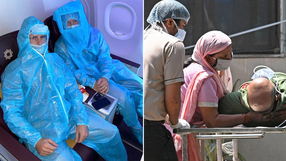 David Warner and Kane Williamson are pictured here wearing full PPE on a flight as a Covid patient lies on a stretcher in India.