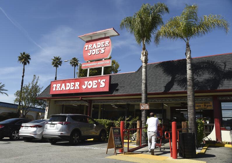 FILE - In this Feb. 26, 2020, file photo, the original Trader Joe's grocery store in Pasadena, Calif., is viewed. Responding to calls for Trader Joe's to stop labeling its international food products with ethnic-sounding names, the grocery store chain said it has been in a yearslong process of repackaging those products and will soon complete the work. (AP Photo/Chris Pizzello, File)