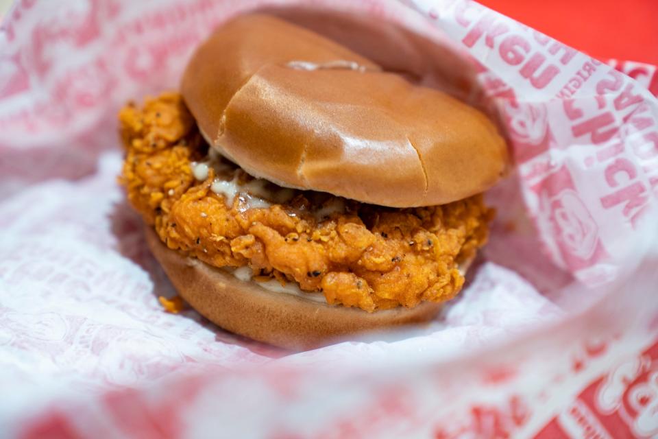 A chicken sandwich from the new Jollibee fast food restaurant in Sterling HeightsThursday, Jan. 11, 2024, the restaurant will open on Friday, Jan. 12, 2024.