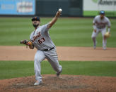 Detroit Tigers relief pitcher Nick Ramirez (63) throws during the sixth inning in the first game of a baseball doubleheader against the St. Louis Cardinals, Thursday, Sept. 10, 2020, in St. Louis. (AP Photo/Scott Kane)