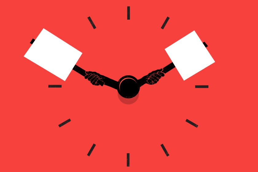 illustration of two arms holding picket signs as the hands of a clock.