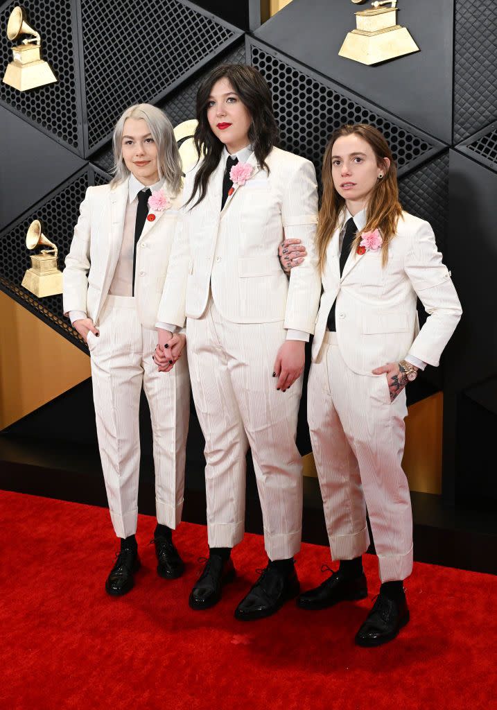 66th annual grammy awards arrivals boygenius phoebe bridgers, julien baker, and lucy dacus