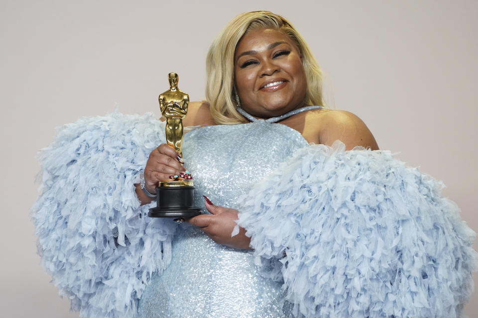 Da'Vine Joy Randolph poses in the press room with the award for best performance by an actress in a supporting role for "The Holdovers" at the Oscars on Sunday, March 10, 2024, at the Dolby Theatre in Los Angeles. (Photo by Jordan Strauss/Invision/AP)