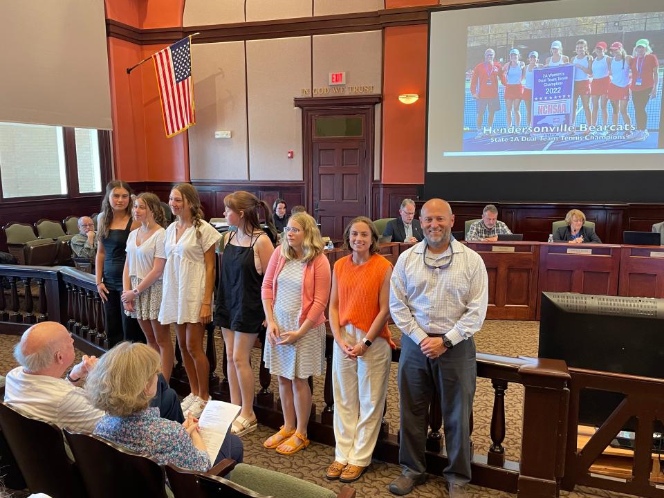 Hendersonville High's girls tennis team and its coaches are recognized at the June 5 Henderson County Board of Commissioners meeting for winning state titles.